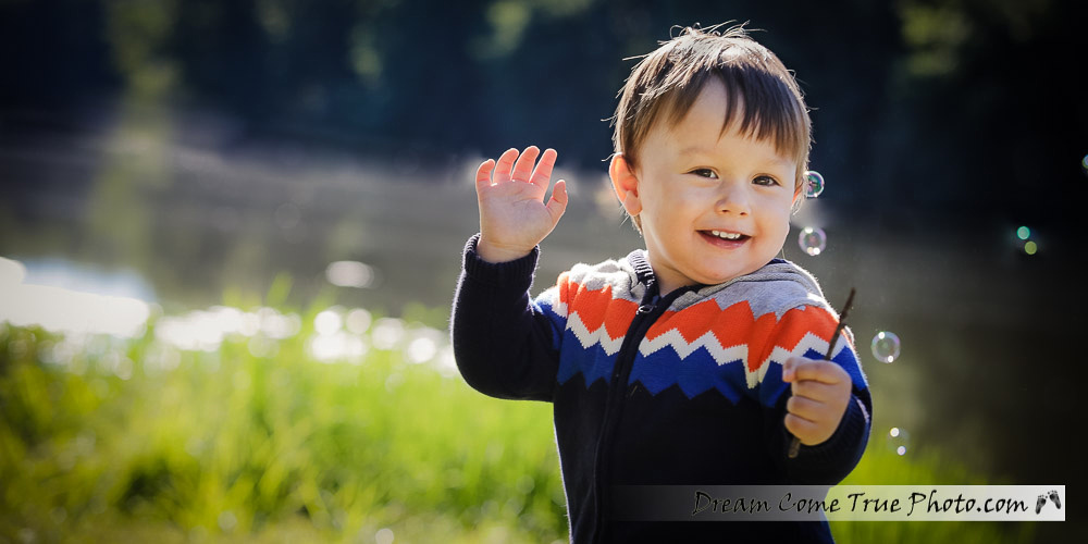 Dream Come True Photo - Family Photosession outside - Capturing true personality of little boy having fun with bubbles